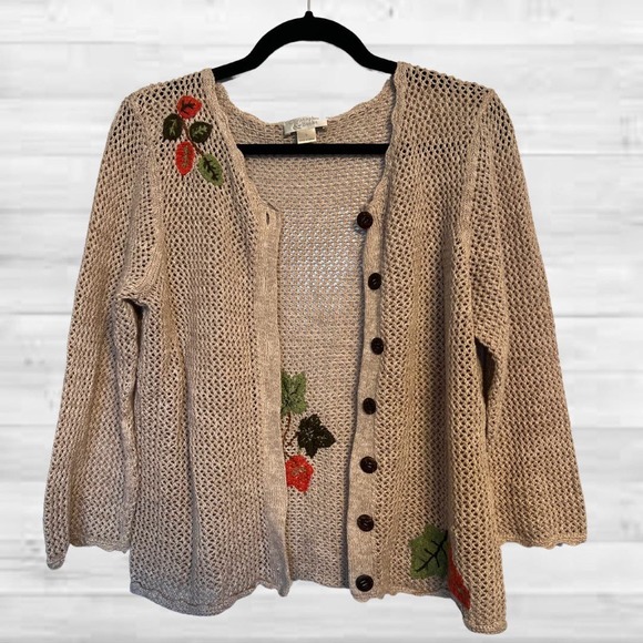 Vintage Large Cardigan, Prairie Cottagecore Floral Embroidery Open Knit Heirloom - Picture 1 of 16
